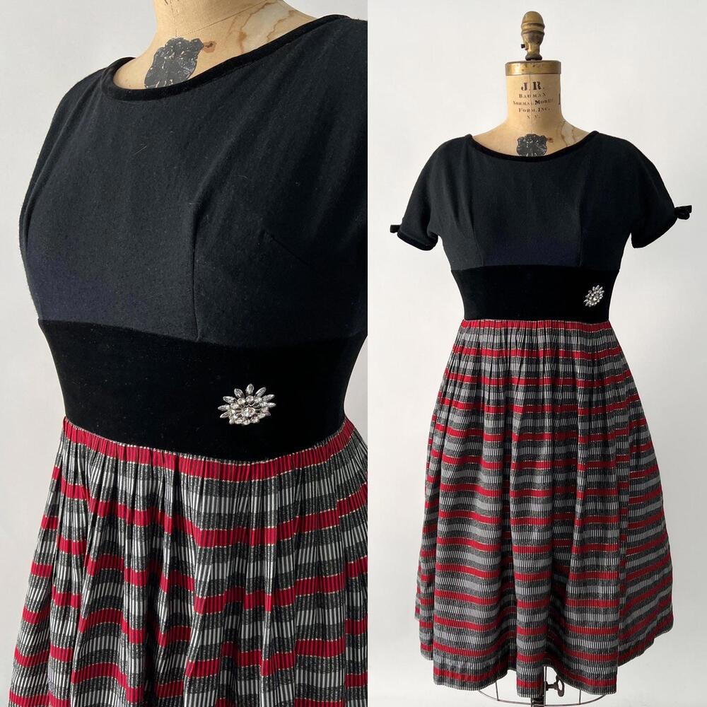 Vintage 50s 60s Black Wool Velvet Red Plaid Taffeta Holiday Christmas Pin M W28